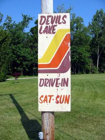 Devils Lake Drive-In Theatre - Sign - Photo From Water Winter Wonderland